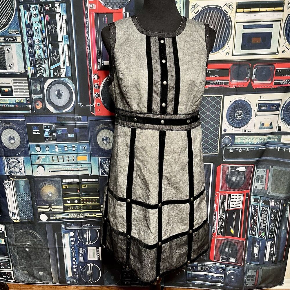 ANNA SUI Cage Velvet Trim Studded Steampunk Goth Gossip Girl Shift Dress Size 11